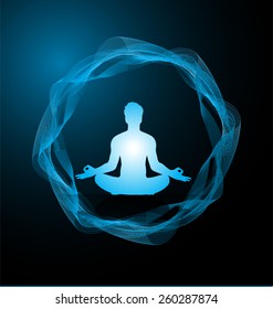 man meditate abstract dark blue radius background, yoga. circle wave