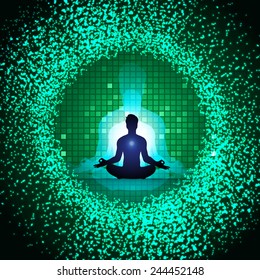 man meditate abstract dark green radius background, yoga.