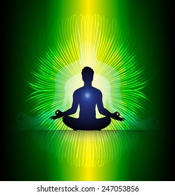 man meditate abstract dark green radius background, yoga.