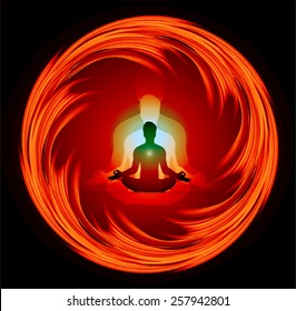 man meditate abstract dark orange radius background, yoga.