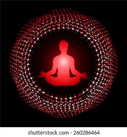 man meditate abstract dark red radius background, yoga. circle wave