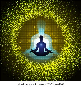 man meditate abstract dark yellow radius background, yoga.