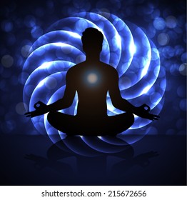 man meditate abstract lights elements vector background, yoga.