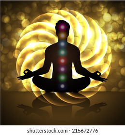 man meditate abstract lights elements vector background, yoga.