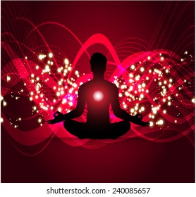 man meditate abstract red radius background, yoga.