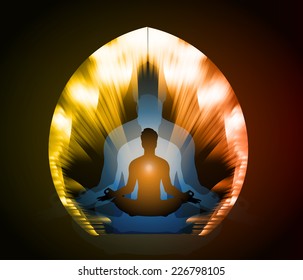 man meditate abstract yellow radius background, yoga. 