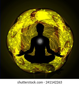 man meditate abstract yellow radius background, yoga.