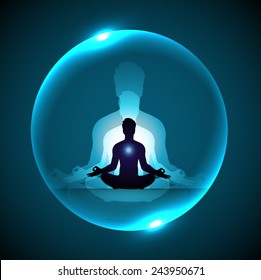 man meditate abstract yellow radius background, yoga.