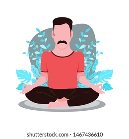 Man Meditate With Background Ornaments of Natural Plants. Yoga Sports for peace of mind, health, and fitness. People in positions of cosiness and contentment. Vector Illustration People