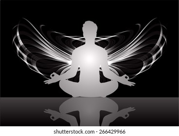 man meditate black abstract radius background, yoga. angel wings
