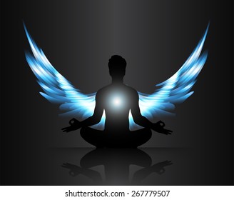 man meditate black blue abstract radius background, yoga. angel wings