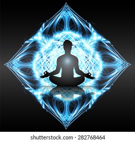 man meditate blue abstract background, yoga.