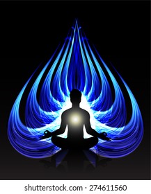 man meditate blue abstract fire radius background, yoga.