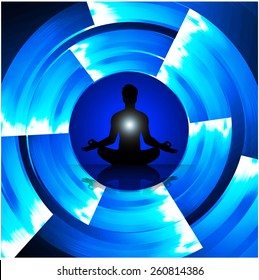 man meditate blue abstract lighting effects background, yoga.