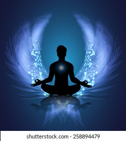 man meditate blue abstract radius background, yoga. angel wings