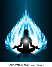 man meditate blue abstract radius fire background, yoga.