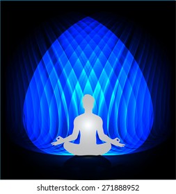 man meditate blue abstract radius background, yoga.