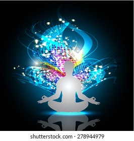 man meditate blue abstract radius background, yoga.