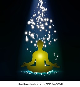 man meditate blue abstract stage lighting effects background, yoga.  