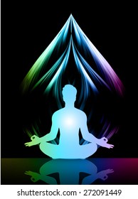 man meditate blue green purple Light abstract radius background, yoga.