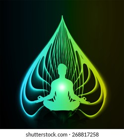 man meditate blue green yellow fire abstract radius background, yoga.