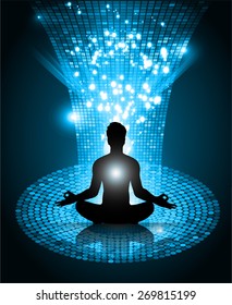 man meditate blue Light radius Abstract graphic Technology background, yoga.