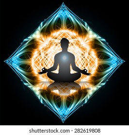 man meditate blue orange abstract background, yoga.