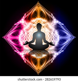 man meditate blue pink orange abstract background, yoga.