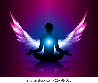 man meditate blue purple abstract radius background, yoga. angel wings
