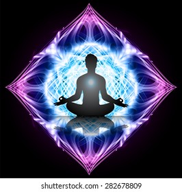 man meditate blue purple abstract background, yoga.