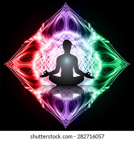 man meditate blue purple green abstract background, yoga.