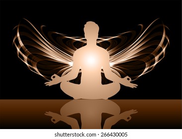 man meditate brown abstract radius background, yoga. angel wings