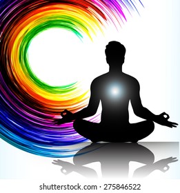 man meditate colorful abstract radius background, yoga.