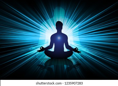 man meditate dark black abstract background, yoga. ray. beam. Buddhist Hindu meditation.