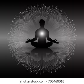 Man Meditate Dark Black Abstract Background, Yoga. Ray. Beam. Buddhist Hindu Meditation.