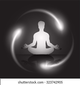 man meditate dark black nuclear atom abstract background, yoga. ray. beam.
