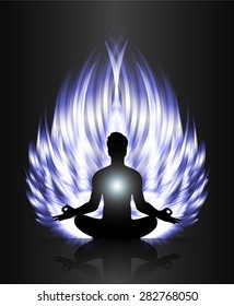 man meditate dark blue abstract fire background, yoga.