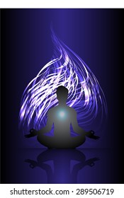 man meditate dark blue abstract fire background, yoga. beam. ray