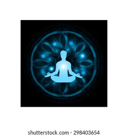 man meditate dark blue abstract circle background, yoga. beam. ray
