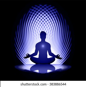 man meditate dark blue abstract background, yoga.