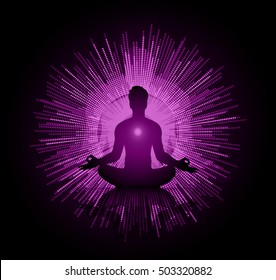 man meditate dark blue abstract background, yoga. ray. beam. Buddhist Hindu meditation.