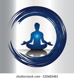 man meditate dark blue abstract background, yoga. ray. beam. Buddhist meditation, Hindu meditation. vector