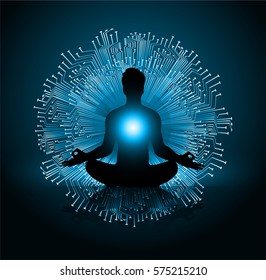 man meditate dark blue abstract background, yoga. ray. beam. Buddhist meditation, Hindu meditation. vector