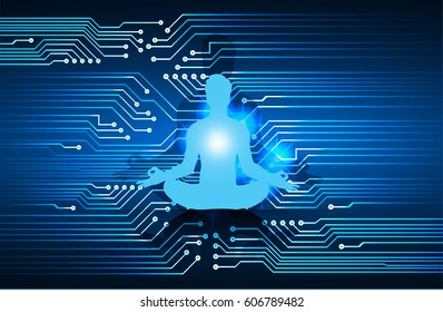 man meditate dark blue abstract digital technology Cyber computer background