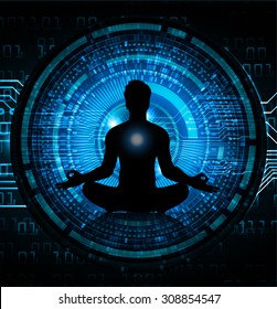 man meditate dark blue circle abstract background, yoga.