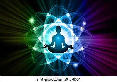 man meditate dark blue green purple nuclear atom abstract background, yoga. ray. beam. 