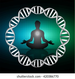 man meditate dark blue green abstract background, yoga. ray. beam.