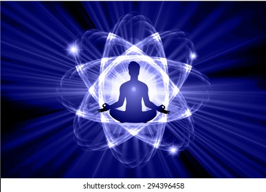 man meditate dark blue nuclear atom abstract background, yoga. ray. beam. 