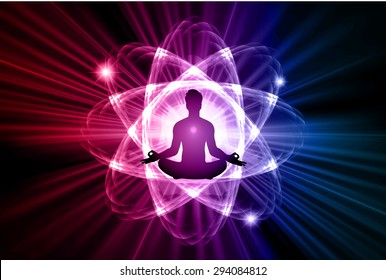 man meditate dark blue purple red nuclear atom abstract background, yoga. ray. beam. 