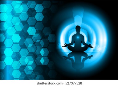 man meditate dark blue technology abstract background, yoga. ray. beam. Buddhist meditation, Hindu meditation. vector